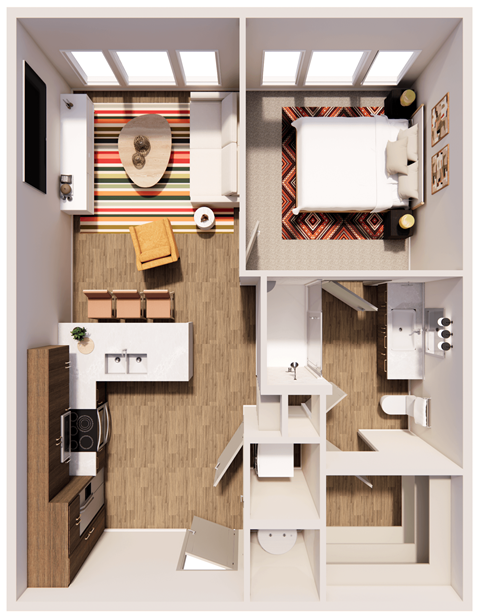 Floor plan for 1 bed, 1 bath, 661 sqft